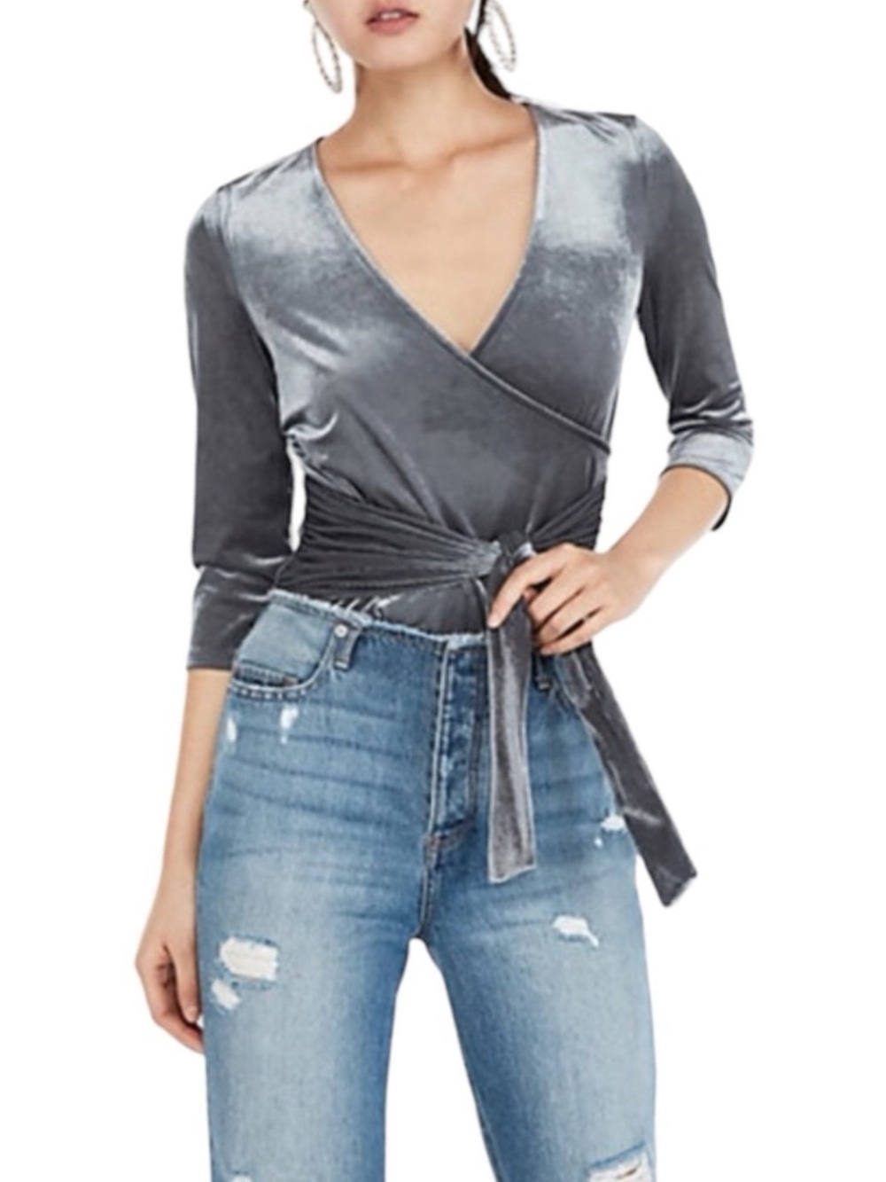 Express Grey Velvet V-Neck Ribbed Wrap 3/4 Sleeve Top Size Medium